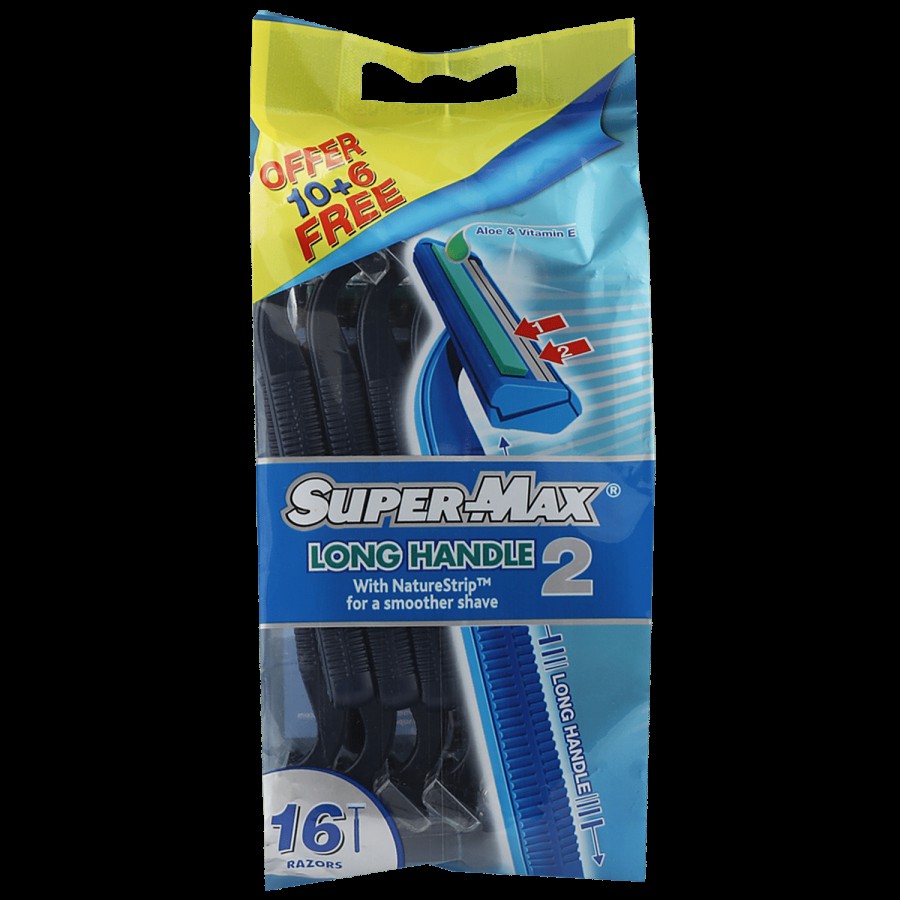 Supermax Long Handle 2 Bladed Disposable Razor - With Aloe Vera & Vitamin E