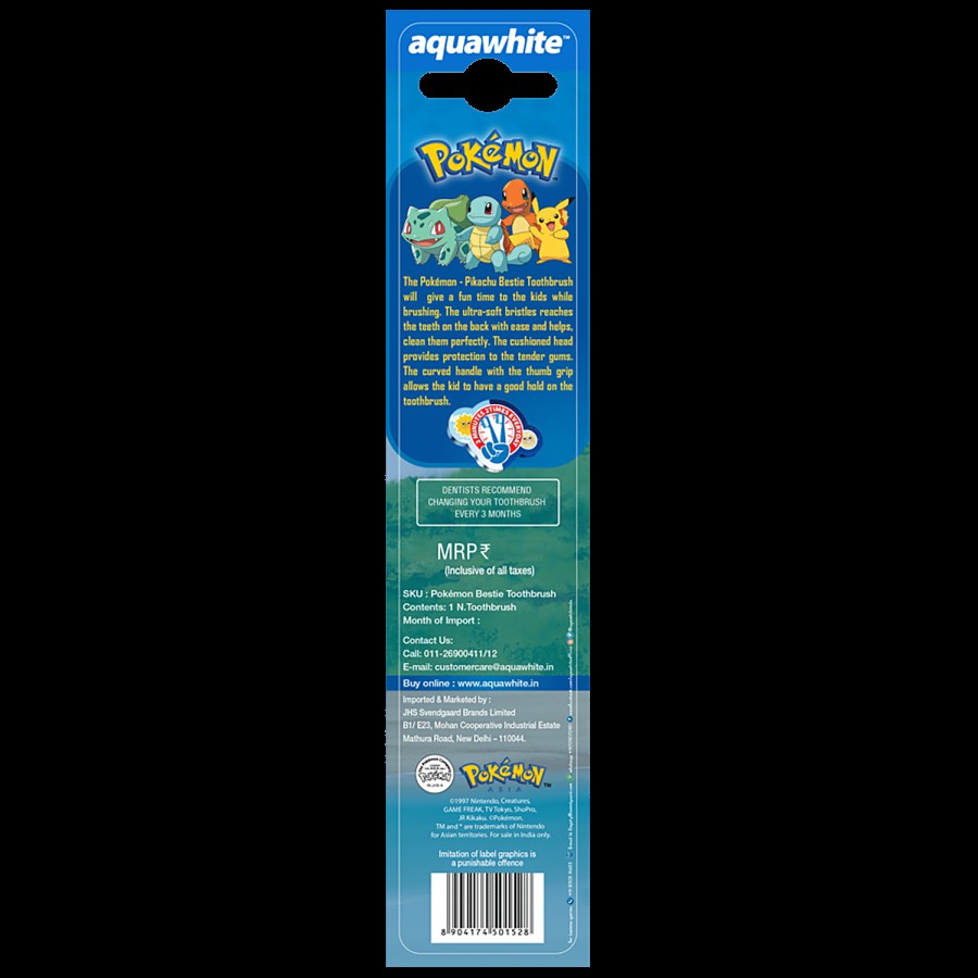 Aquawhite Pokemon Bestie Kids Soft Toothbrush For 3 Yrs+ - Ultra Soft Bristles