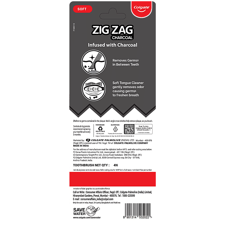 Colgate Zig Zag Charcoal Soft Bristle Toothbrush - For Adults