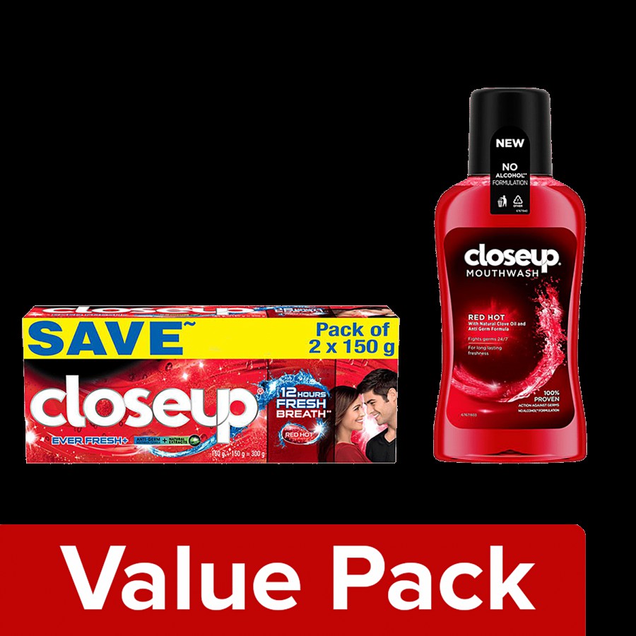 Closeup Close Up Ever Fresh Red Toothpaste 150 g x 2 + Closeup Red Hot Mouthwash 500 ml