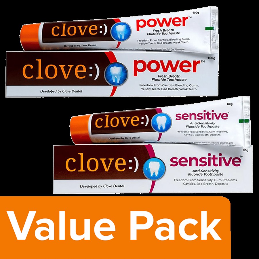 Clove Power - Fresh Breath Fluoride Toothpaste 100 g + Sensitive Toothpaste 2x80 g