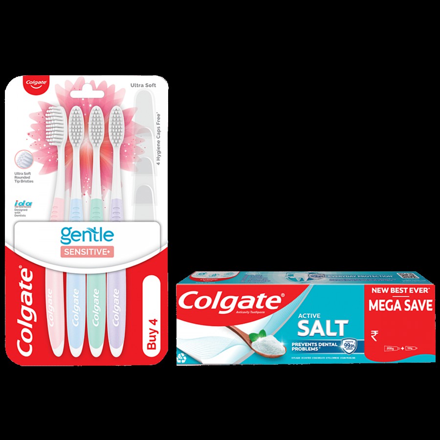 Colgate Active Salt Toothpaste Saver Pack 300g + Sensitive Soft Bristles Toothbrush 4pcs