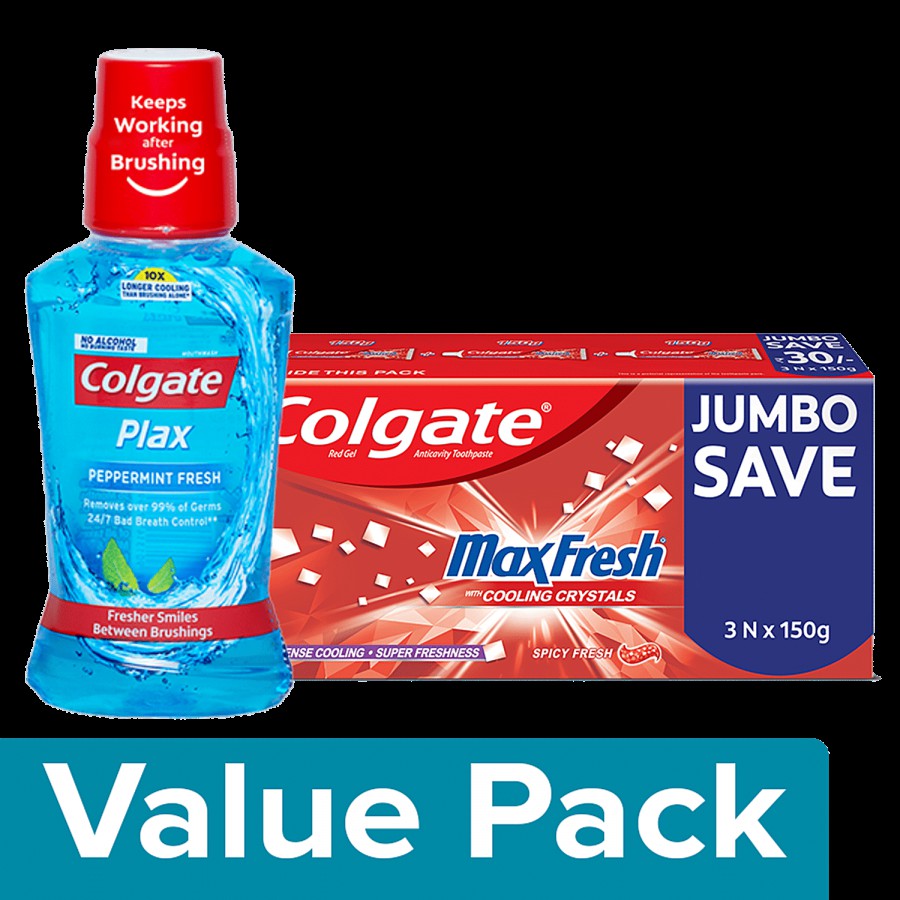 Colgate MaxFresh Toothpaste Gel Anticavity 300 g + Plax Mouthwash Peppermint Fresh 250ml