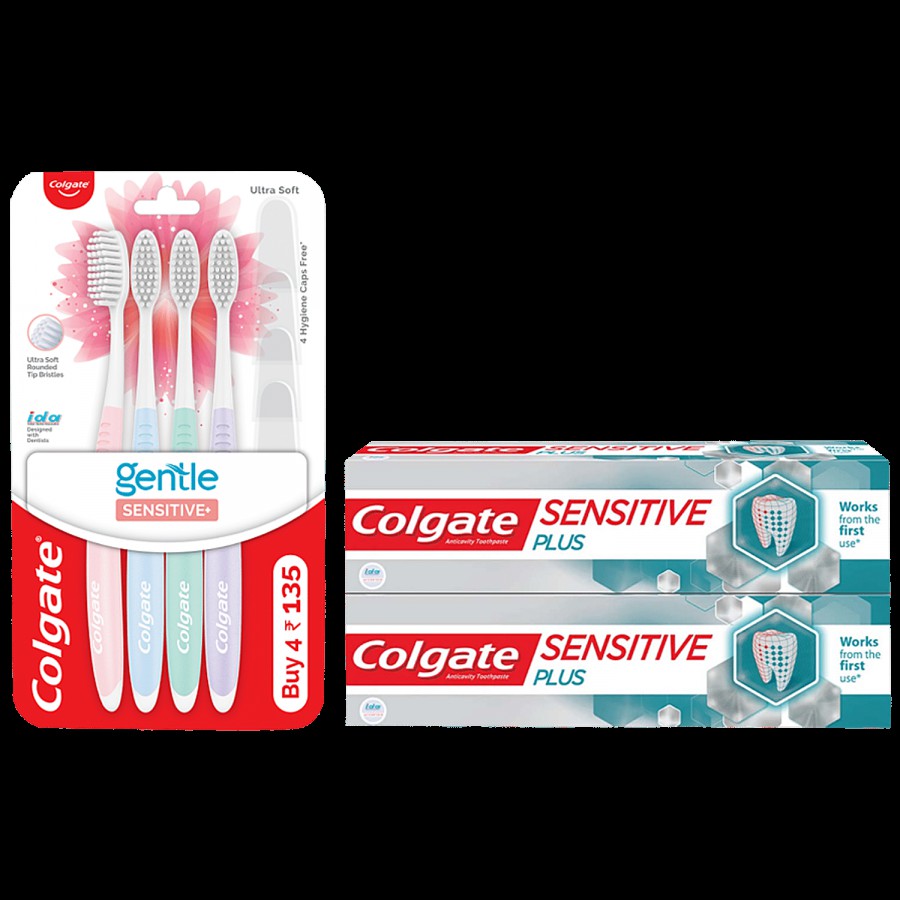 Colgate Sensitive Plus Toothpaste 2x70g +Sensitive Soft Bristles Toothbrush 4 pcs