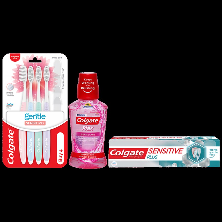 Colgate Sensitive Plus Toothpaste 70g+Soft Bristles Toothbrush 4pcs+Mouthwash Plax 250ml