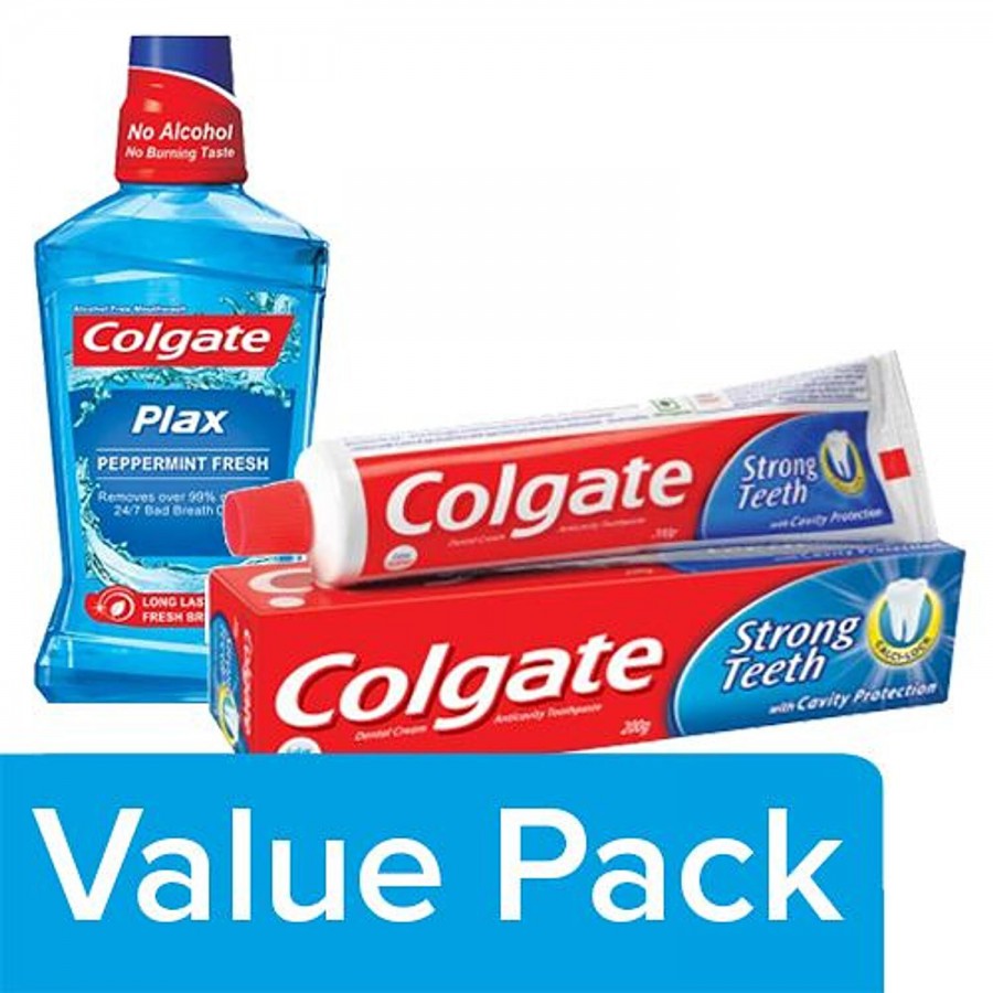 Colgate Toothpaste - Strong Teeth 200G + Mouthwash - Plax Pepper Mint