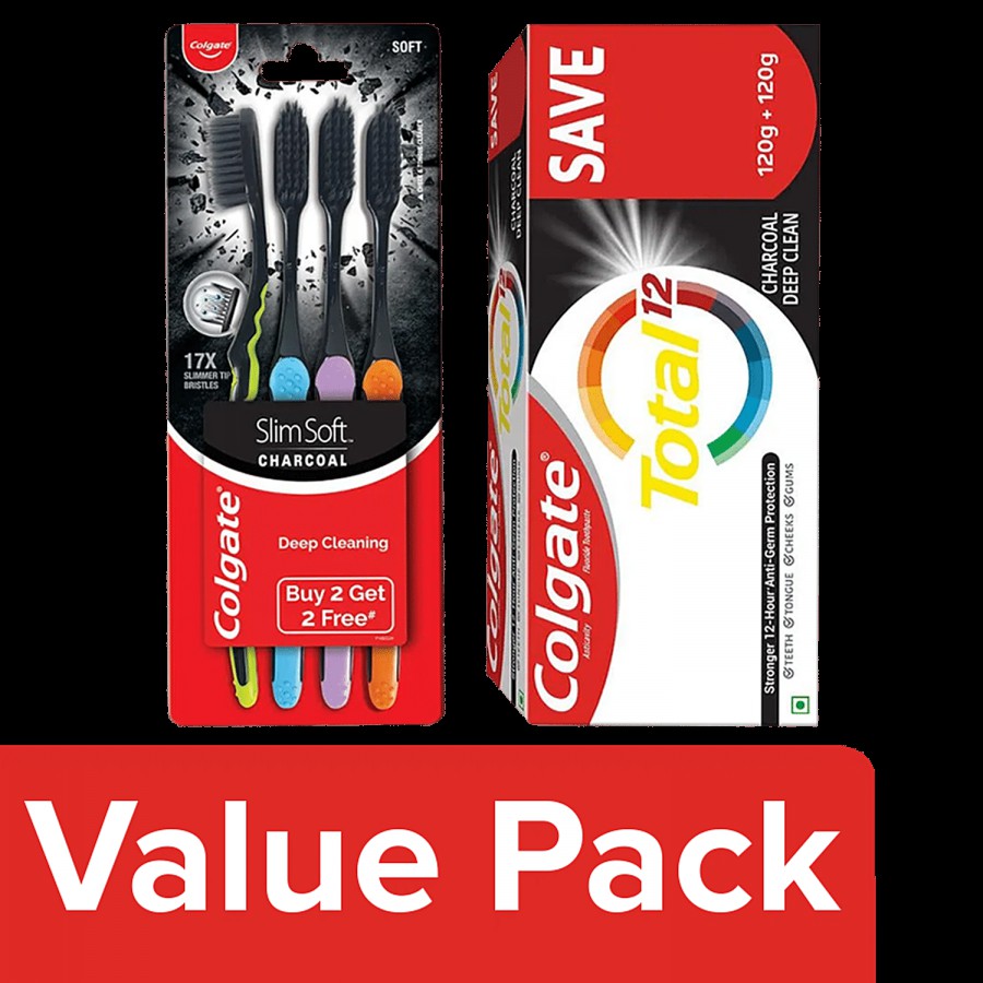 Colgate Total Charcoal Toothpaste (120 g x 2) + Slim Soft Charcoal Brush (4 N)