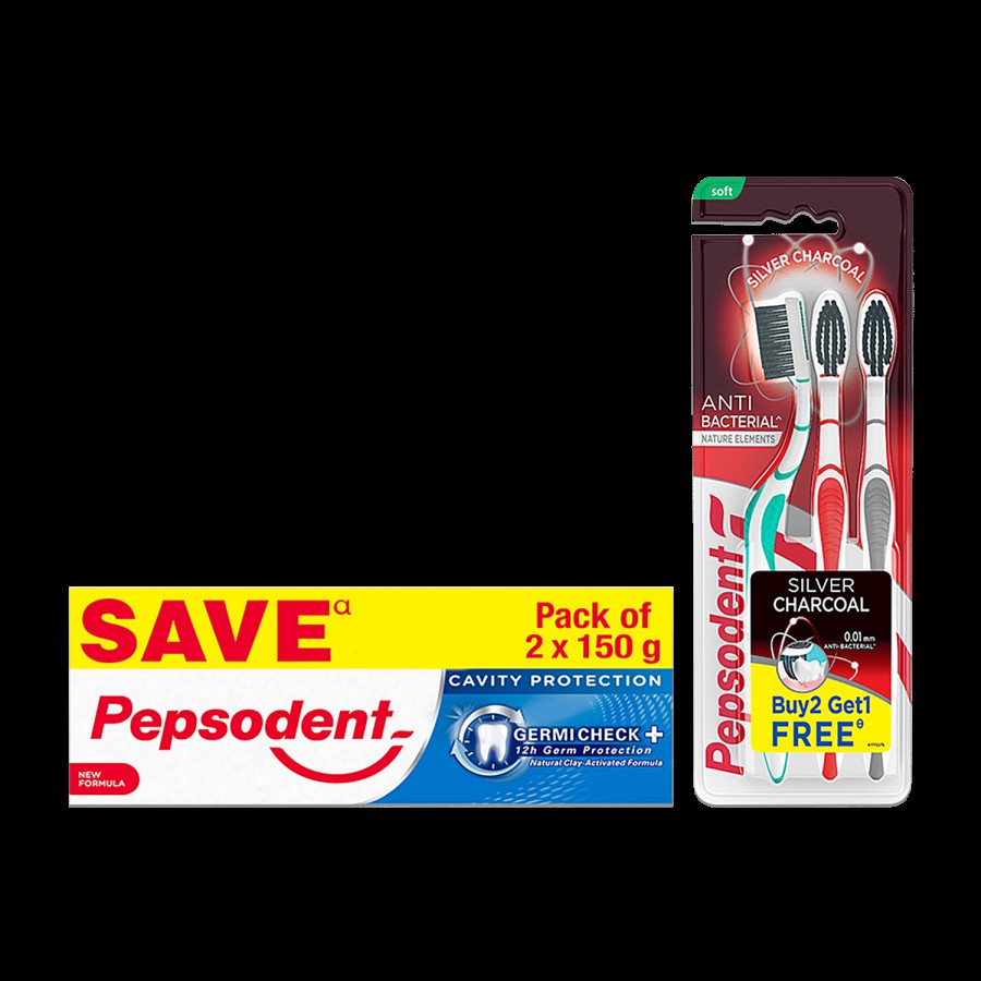 Pepsodent Pepsodent Toothpaste Cavity Protection 300 gx2 + Charcoal Toothbrush Soft 2+1pcs