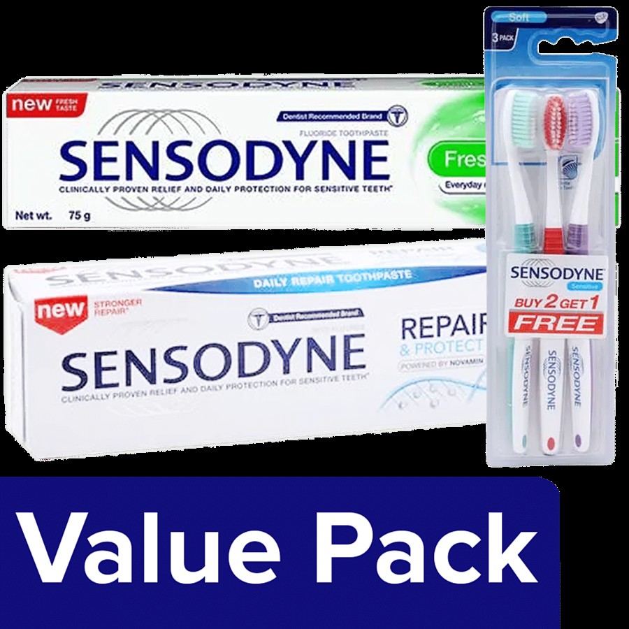 Sensodyne Toothpaste-Repair & Protect 70g+Fresh Mint 75g+Toothbrush 3pcs Buy 2 Get 1 Free