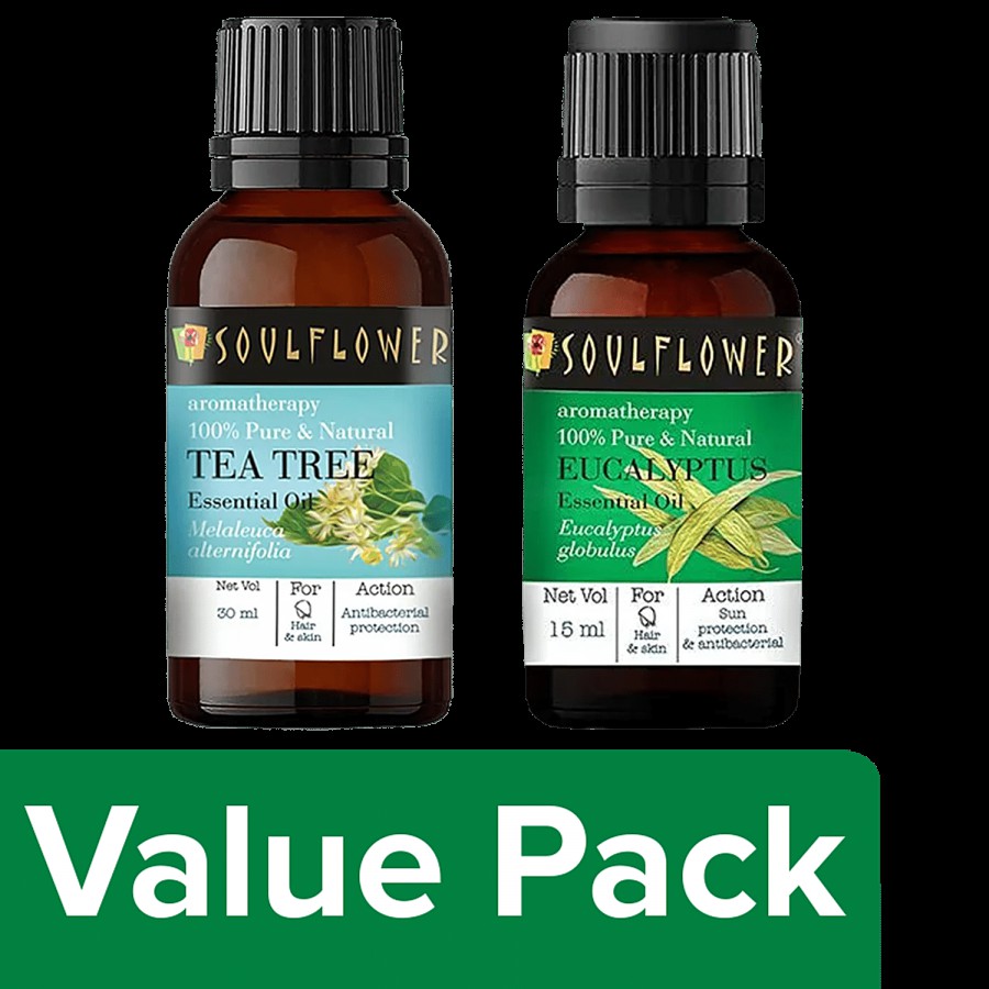 Soulflower Sun Protect Eucalyptus Essential Oil 15 ml + Tea Tree Essential Oil 30 ml