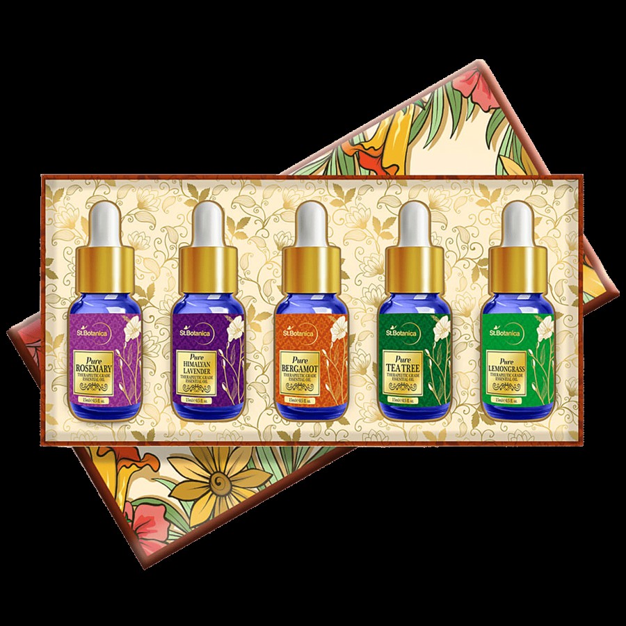 StBotanica Essential Oils Box -  Pure Rosemary + Himalayan Lavender + Bergamot + Tea Tree + Lemongrass