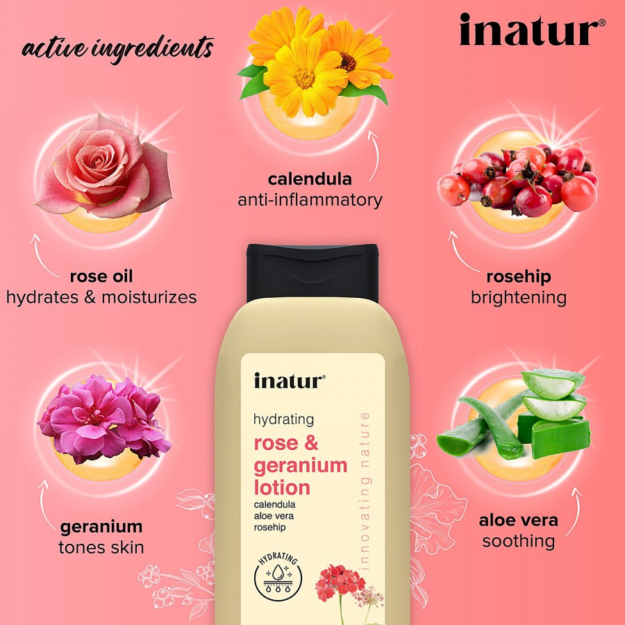 Inatur Rose & Geranium Lotion - Non-Greasy & Moisturising