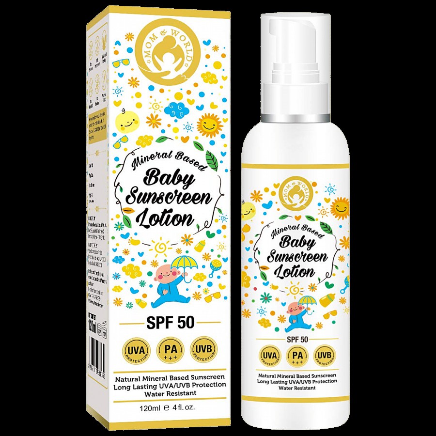 Mom & World SPF 50 PA+++ UVA UVB Baby Sunscreen Lotion - Mineral Based