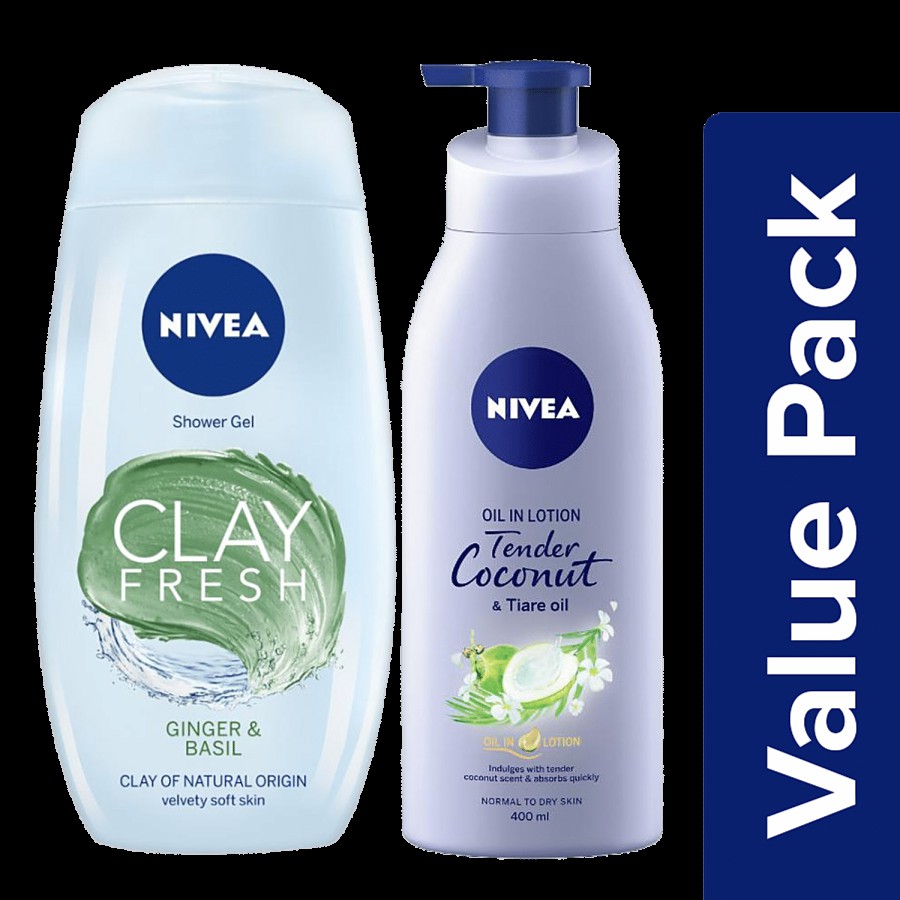 NIVEA Cleanse & Care: Tender Coconut Body Lotion + Clay Ginger & Basil Body Wash