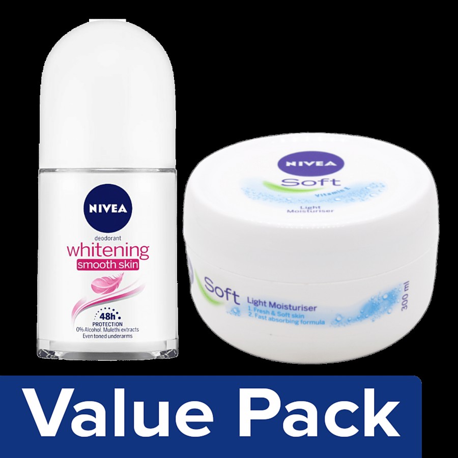 NIVEA Skincare Essentials: Soft Moisturising Cream + Whitening Smooth Skin Roll On