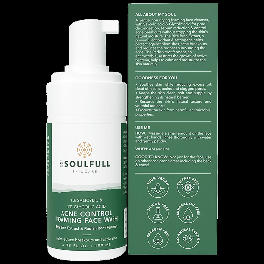 Be Soulfull Acne Control Foaming Face Wash - With 1% Salicylic & Glycolic Acid