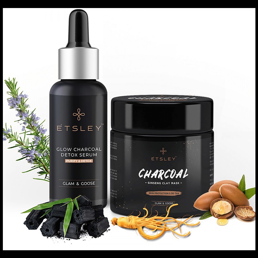 ETSLEY Charcoal Mud Combo - Charcoal Ginseng Clay Mask & Glow Charcoal Purify & Detox Face Serum