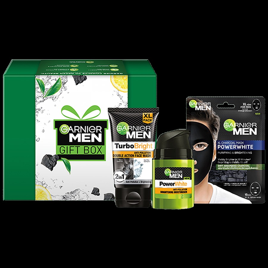 Garnier Men Gift Box - Turbo Bright Facewash + Power White Moisturiser + Power White XL Charcoal Mask