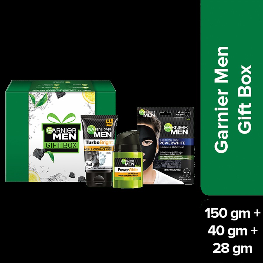 Garnier Men Gift Box - Turbo Bright Facewash + Power White Moisturiser + Power White XL Charcoal Mask