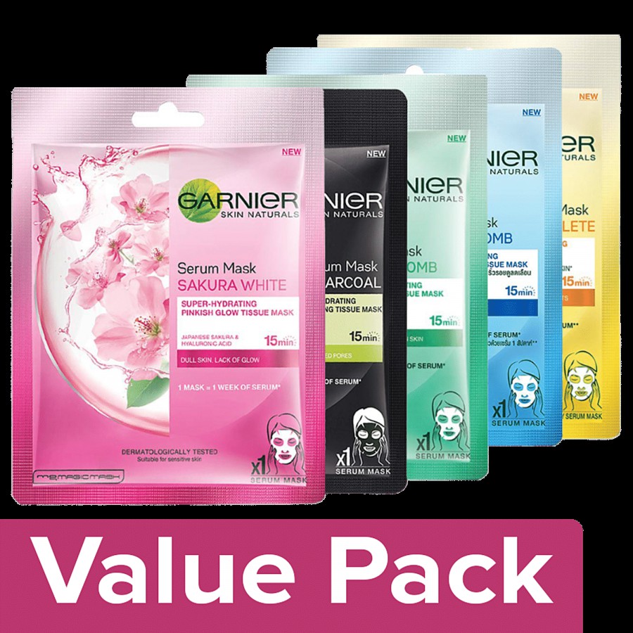 Garnier Sheet Mask (2 Light complete+2 Sakura white+2 Charcoal+2 Hydra Bomb+2 GreenTea)