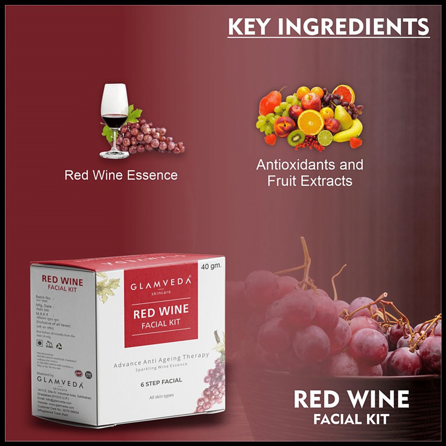 Glamveda Red Wine Advanced Anti Ageing Therapy Facial Kit - Provides Glow