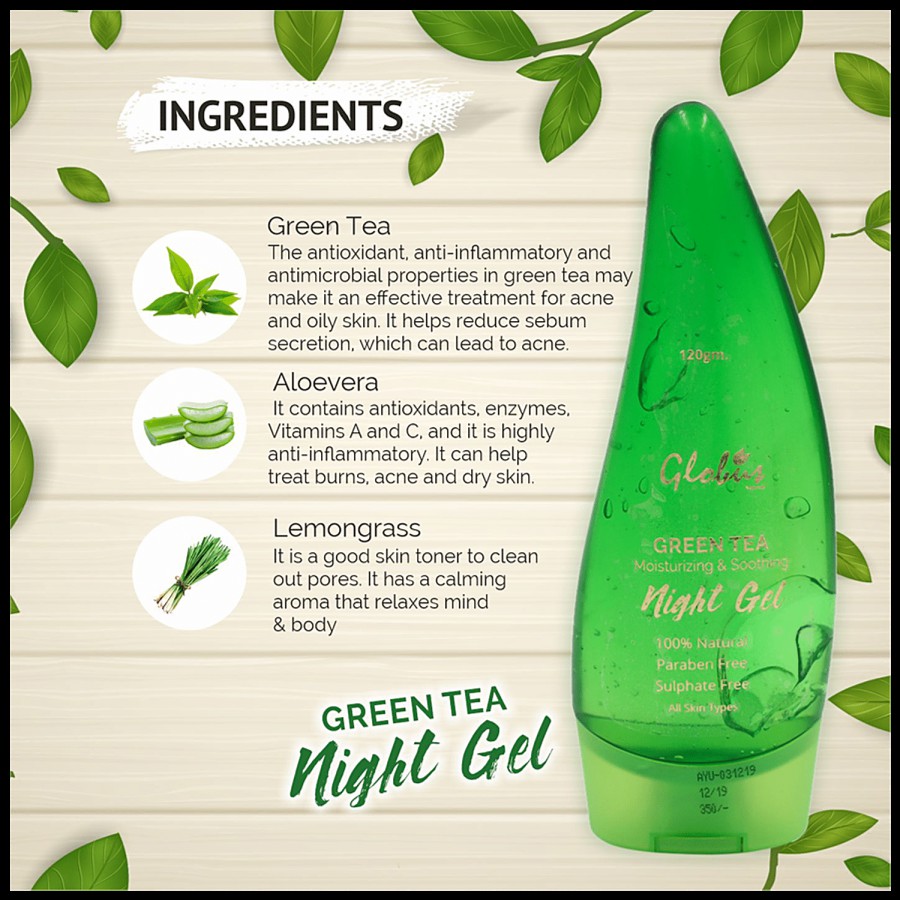 Globus Naturals Green Tea Moisturizing & Soothing Night Gel - 100% Natural