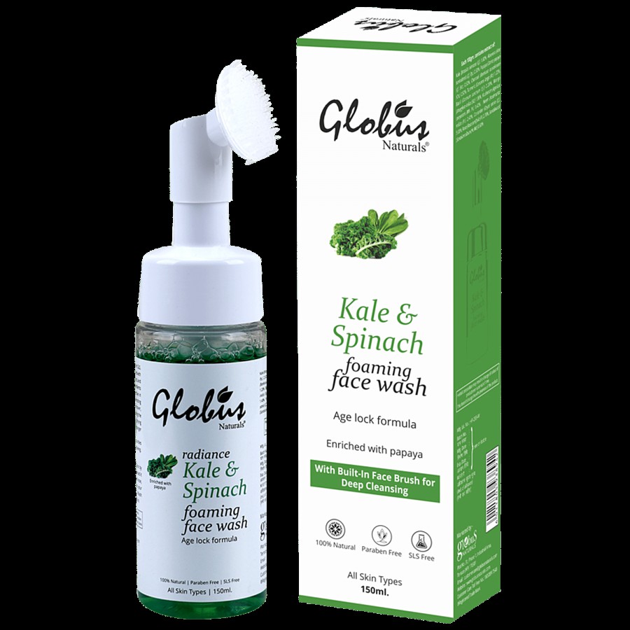 Globus Naturals Kale & Spinach Anti-Aging  Foaming Face Wash With Silicon Face Massage Brush - No Parabens