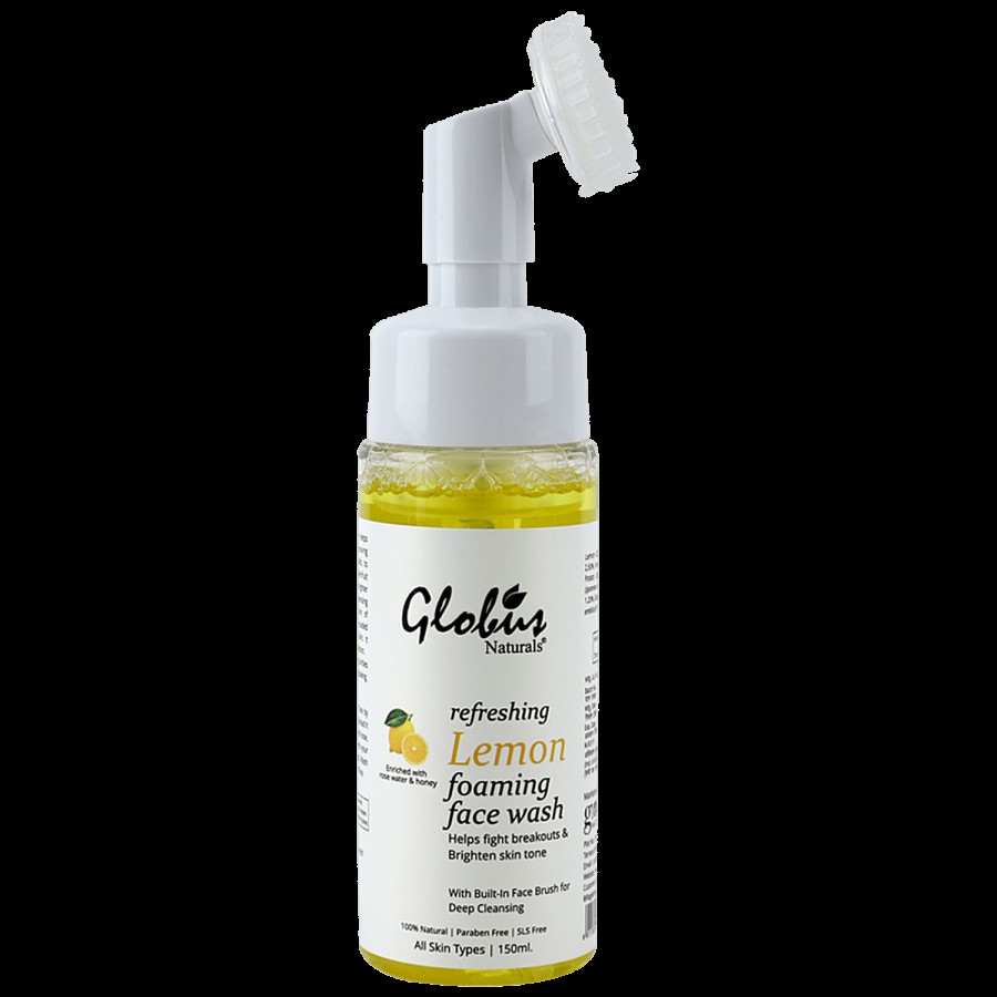 Globus Naturals Refreshing Lemon Fairness Foaming Face Wash With Silicon Face Massage Brush - Helps Fight Acne Breakout