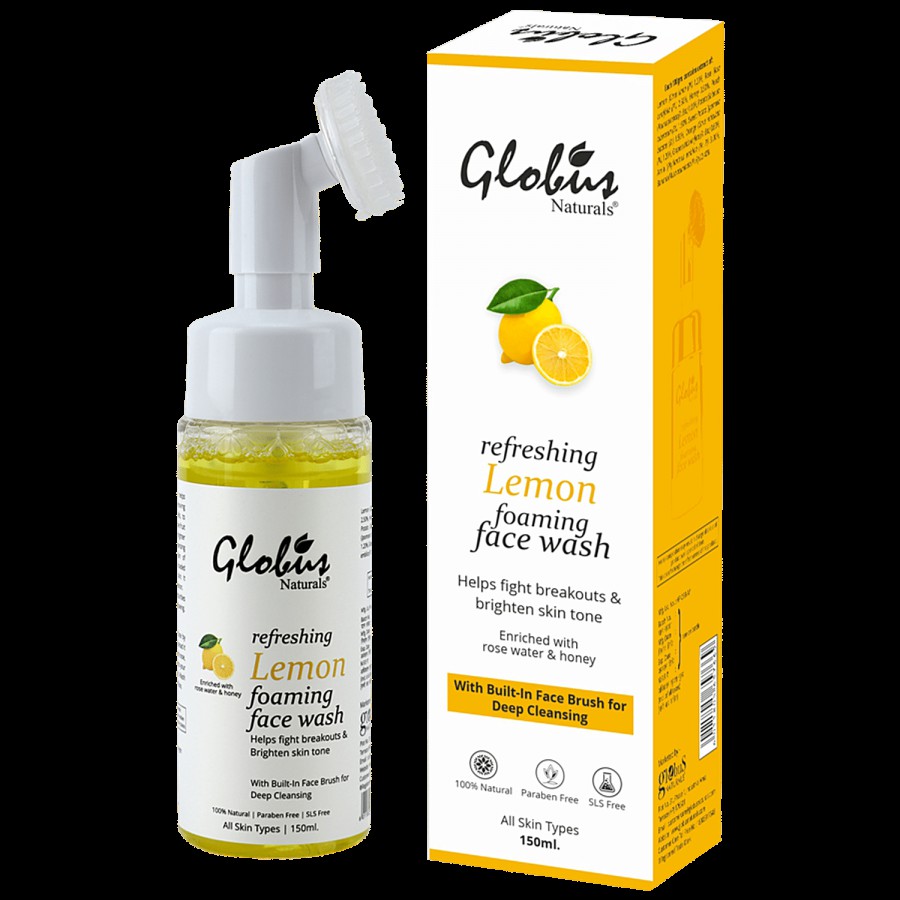 Globus Naturals Refreshing Lemon Fairness Foaming Face Wash With Silicon Face Massage Brush - Helps Fight Acne Breakout