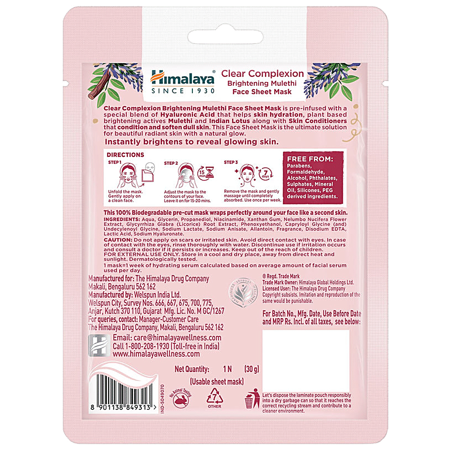 Himalaya Clear Complexion Brightening Mulethi Face Sheet Mask - Instantly Hydrates For Glowing Skin