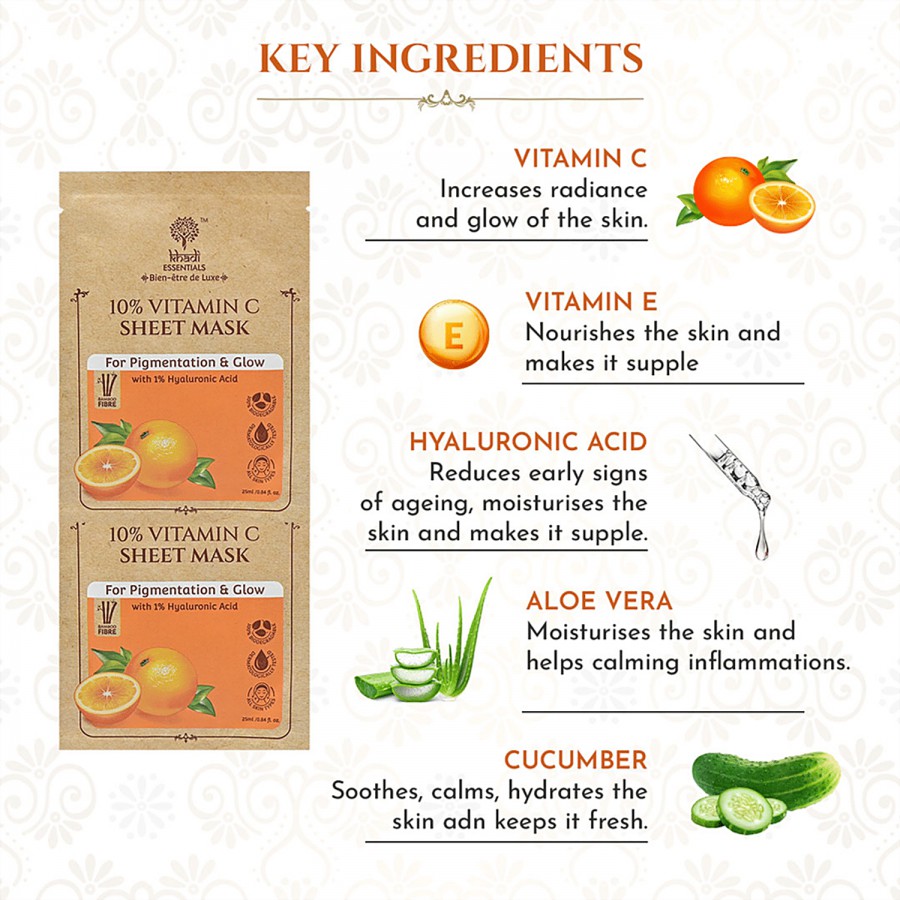 Khadi Essentials 10% Vitamin C Sheet Mask - With 1% Hyaluronic Acid