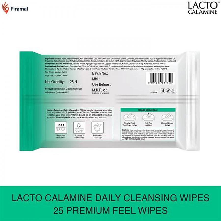 Lacto Calamine Daily Cleansing Face Wipes -  Aloe Vera