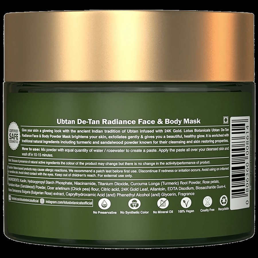 Lotus Botanicals Ubtan De-Tan Radiance Face & Body Mask - Infused With 24K Gold