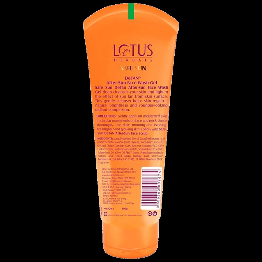 Lotus Herbals Safe Sun Detan After-Sun Face Wash Gel - Papaya & Aloe Vera