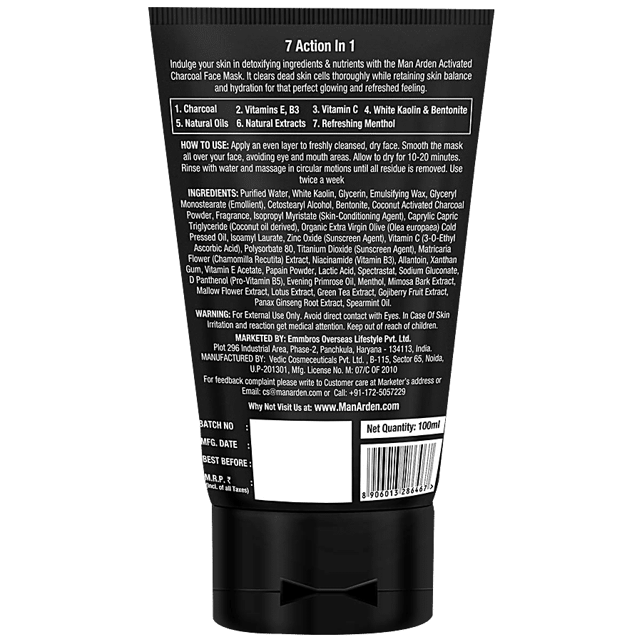 Man Arden 7X Activated Charcoal Face Mask - Infused With Vitamin C & Menthol