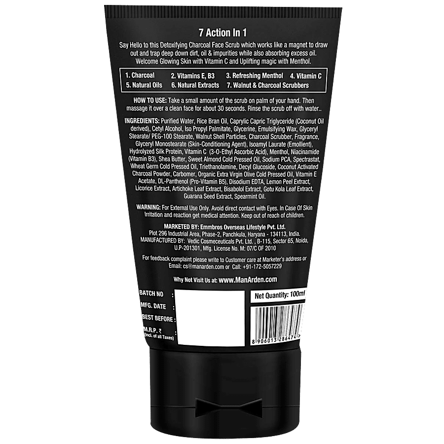 Man Arden 7X Activated Charcoal Face Scrub - Infused With Vitamin C & Menthol