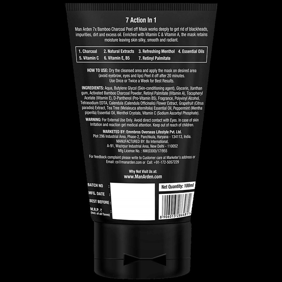 Man Arden 7X Activated Charcoal Peel Off Mask - Infused With Vitamin C & Menthol