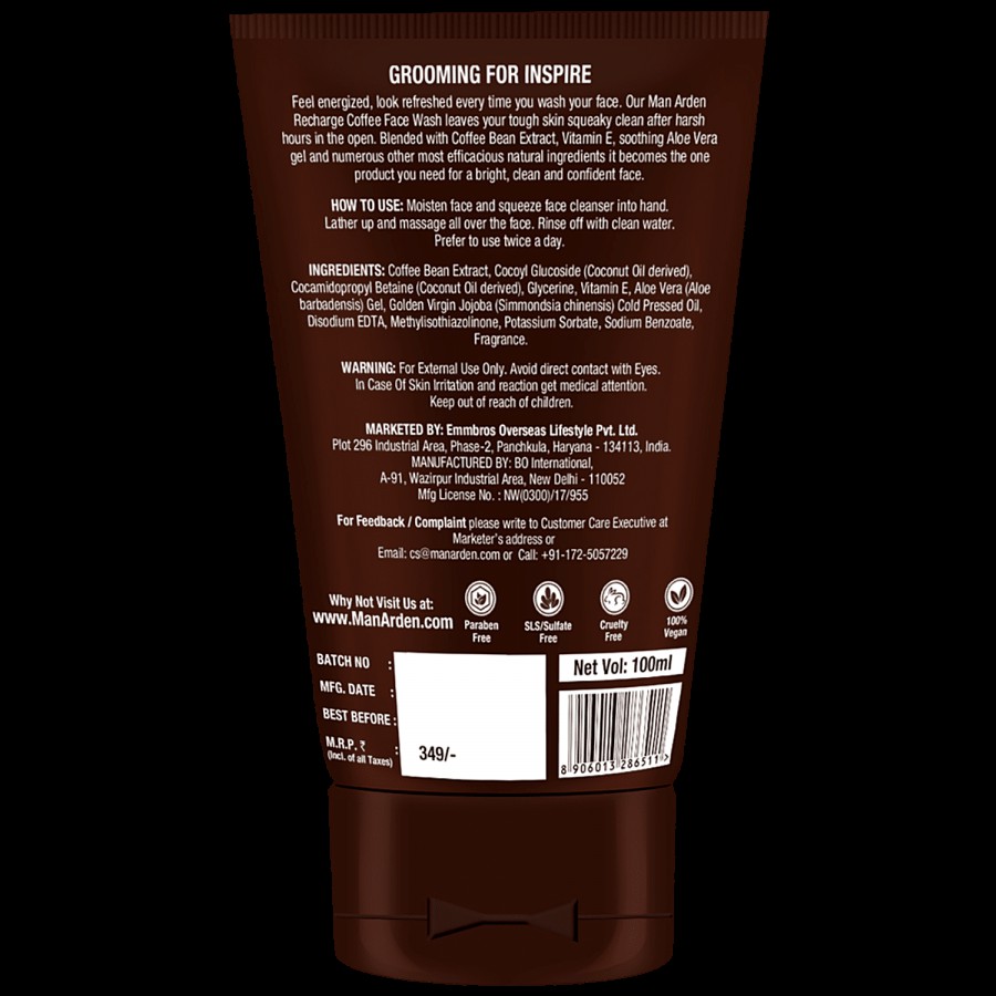 Man Arden Recharge Coffee Face Wash - Cleanses Away Dirt