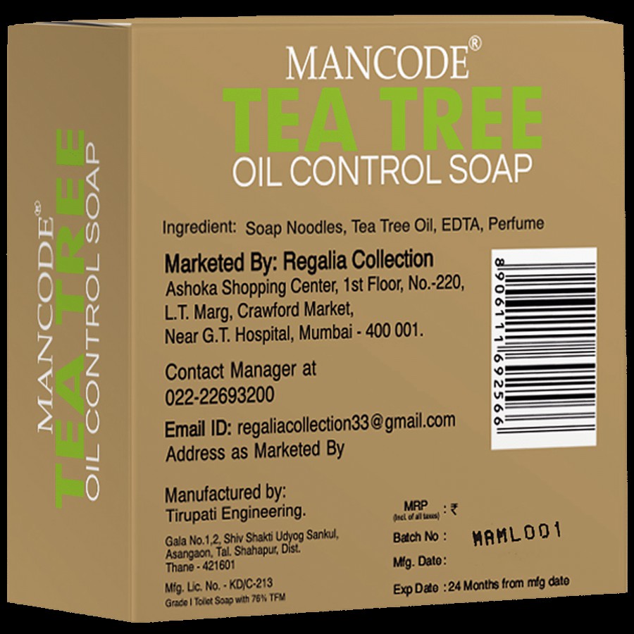 Mancode Oil Control Tea Tree Soap - With Natural Ingredients