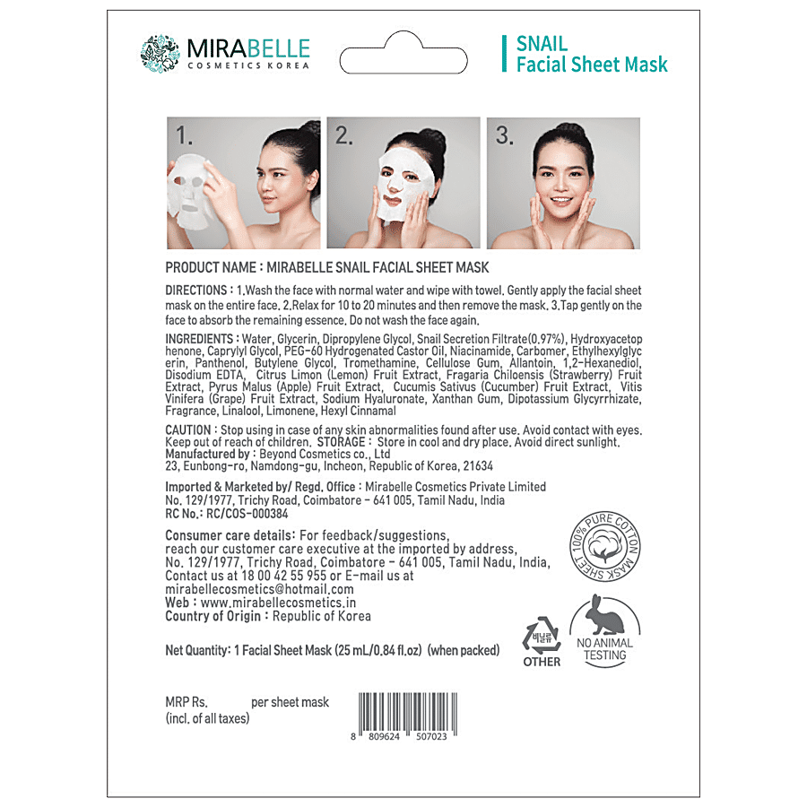 Mirabelle Cosmetics Korea Snail Facial Sheet Mask - Nourishes