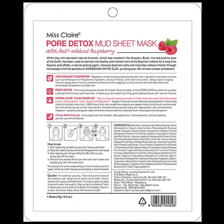 Miss Claire Pore Detox Mud Sheet Mask - With Anti Oxidant Raspberry