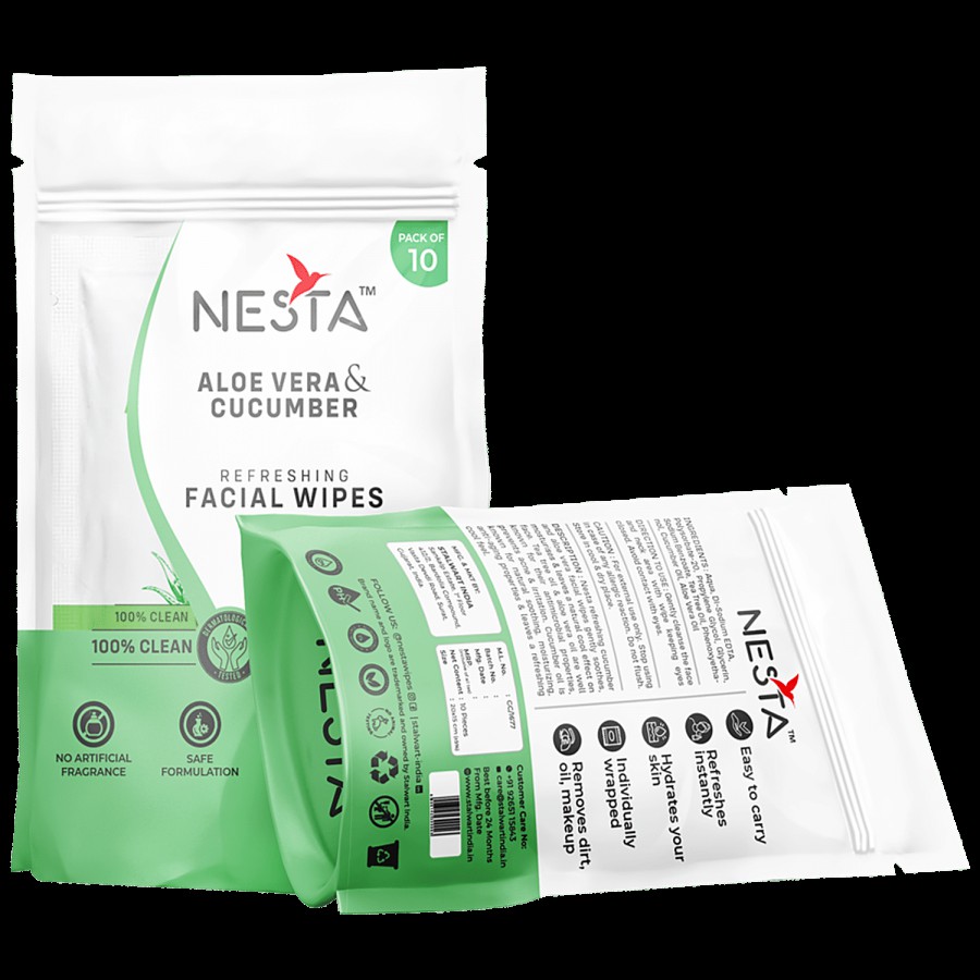 NESTA Aloe Vera & Cucumber Refreshing Facial Wipes - Soothing & Gentle