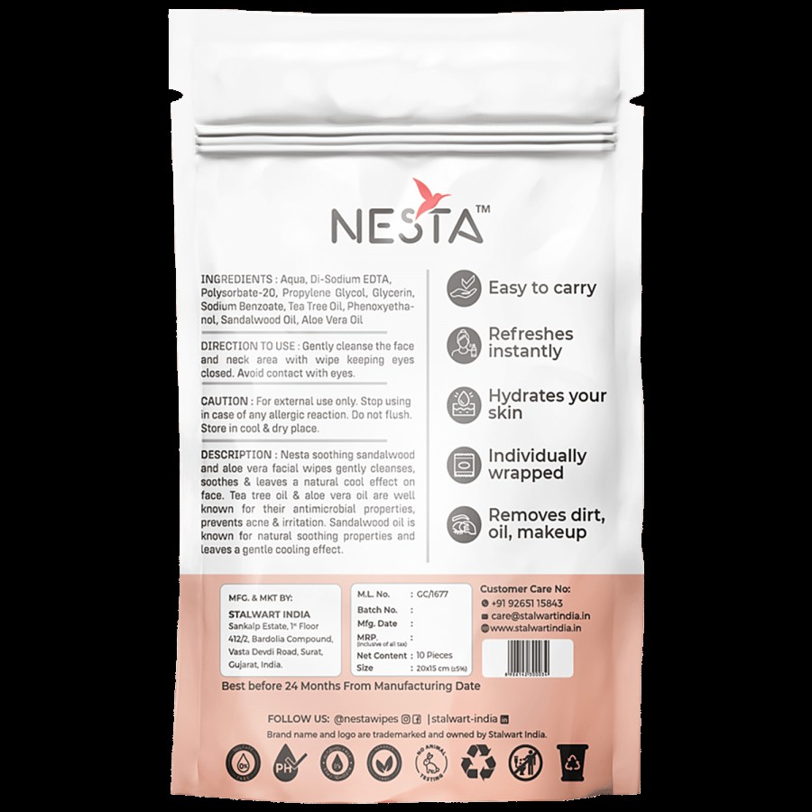 NESTA Aloe Vera & Sandalwood Refreshing Facial Wipes - Soothing & Gentle