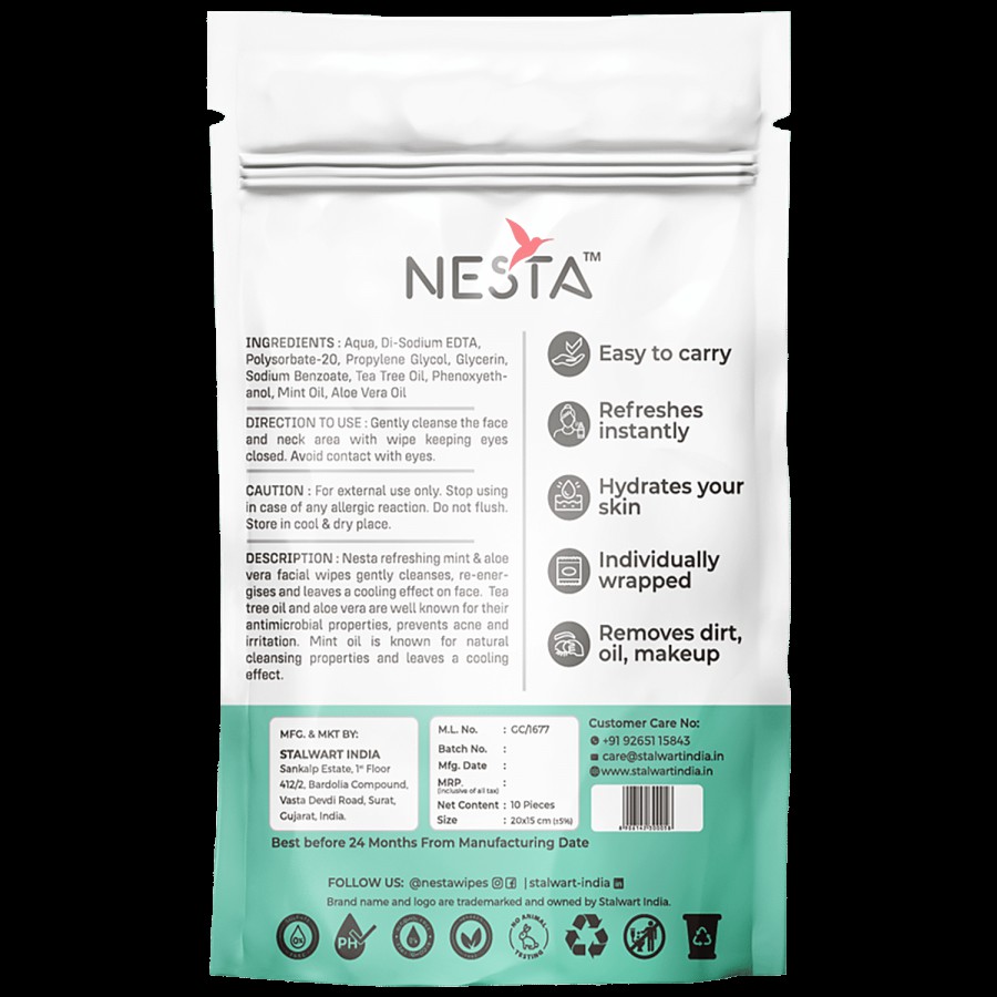 NESTA Mint & Aloe Vera Refreshing Facial Wipes - Soothing & Gentle