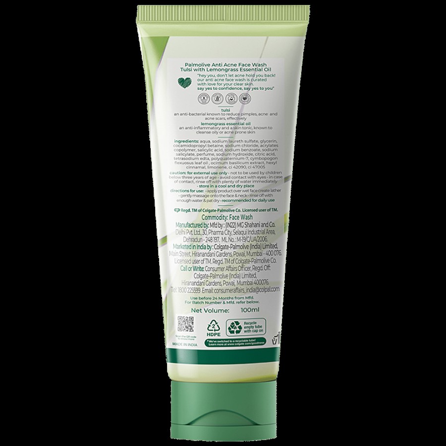 Palmolive Anti Acne Purifying Gel Face Wash - With 100% Natural Extract Of Tulsi & Lemongrass Essential Oil