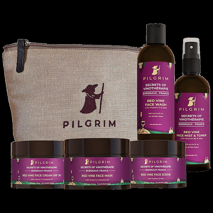 Pilgrim Red Vine Premium Face Care Kit With Eco-Friendly Jute Bag - Provides Glow