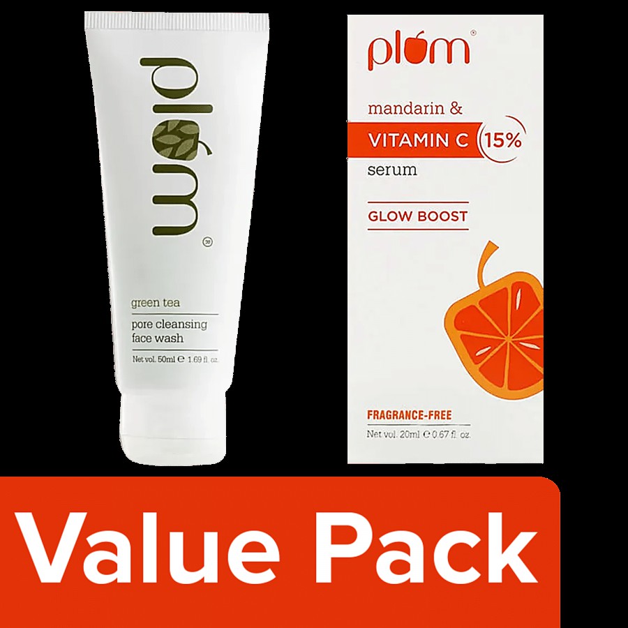 Plum Green Tea Pore Cleansing Face Wash 100 ml + 15% Vitamin C Face Serum 20 ml