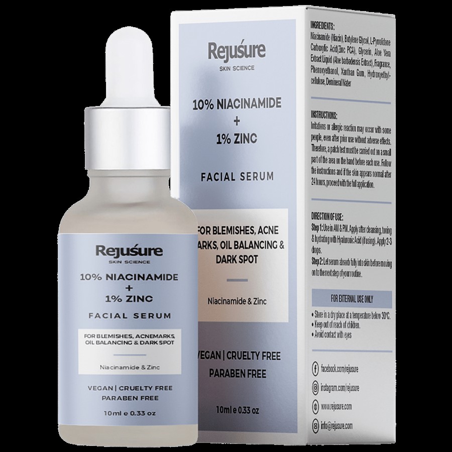 Rejusure 10% Niacinamide + 1% Zinc Facial Serum - For Blemishes