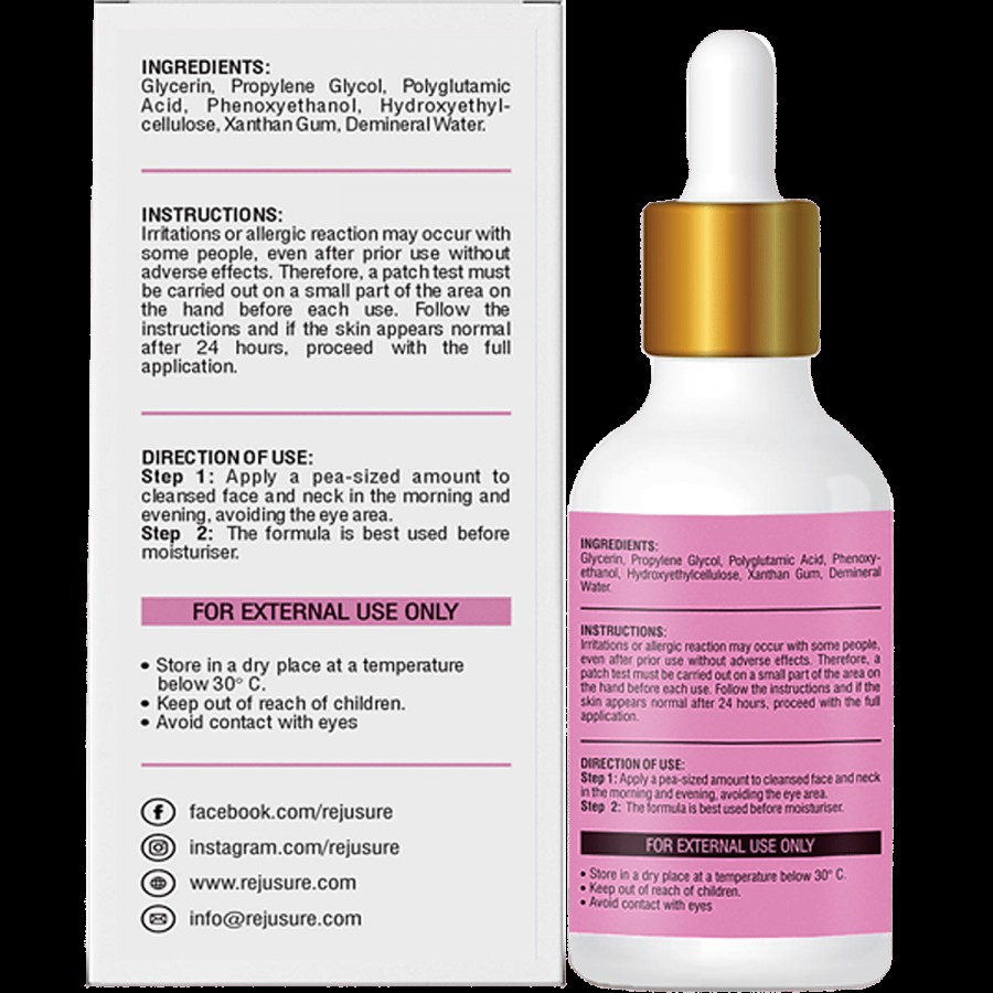 Rejusure Polyglutamic Acid Facial Serum - Targets Dehydrated Skin & Helps Maintain Skin Moisture Levels