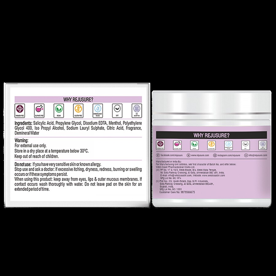 Rejusure Salicylic Acid Cleansing Pads - Acne Treatment Deep Pore Cleaning